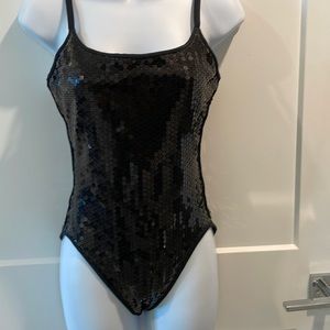 Black sequin one piece swim.